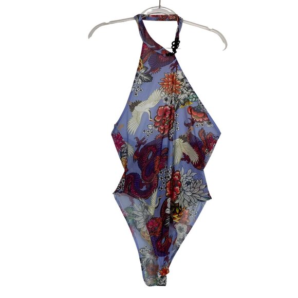 Fashion Nova Asian Dragon Floral Bodysuit‎ Periwinkle Blue Size Large Sexy Sheer - Picture 2 of 4